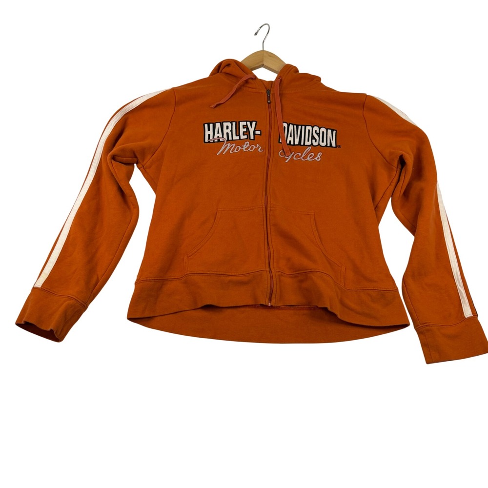 Harley-Davidson Motor Cycles Zip Up Hoodie Orange Striped Sleeve Mens L
